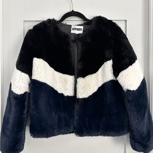 Apparis Women’s Colorblock Faux Fur Jacket - Black, White, and Blue